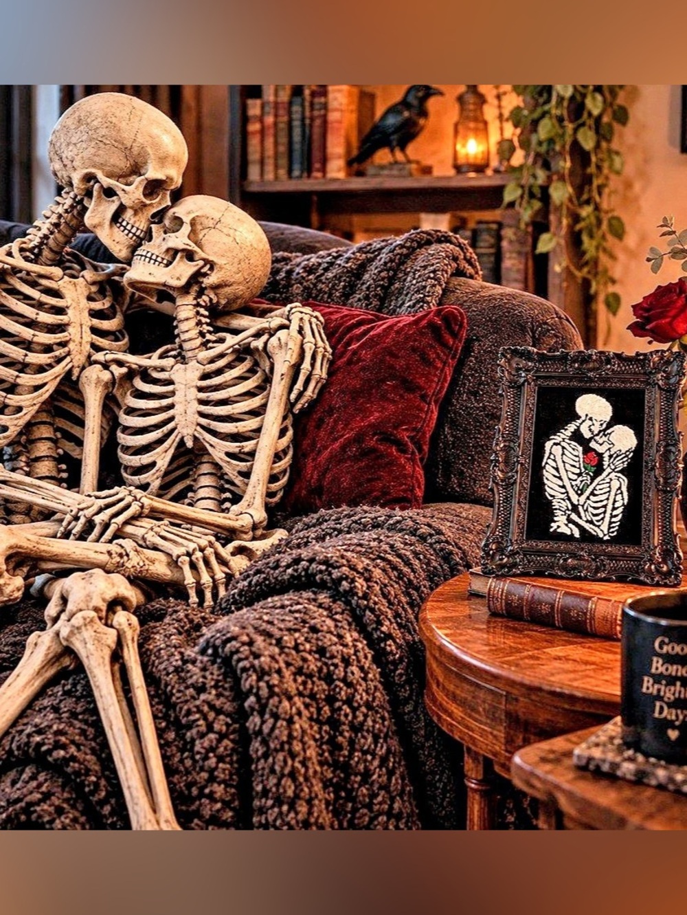 HandEmbroidered Skeleton Couple Framed Art, Black & White